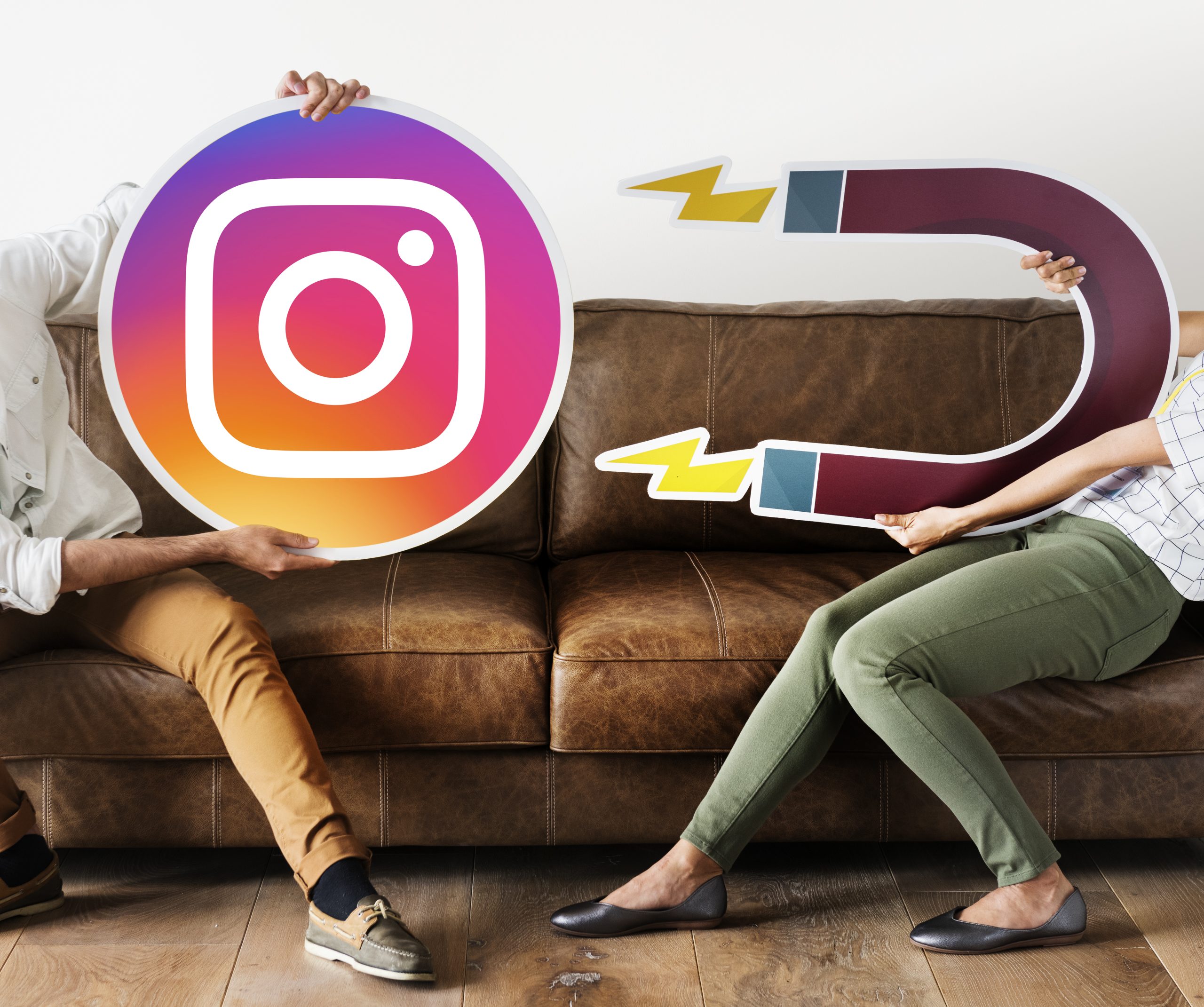 People holding coin and magnet on instagram, marketing services